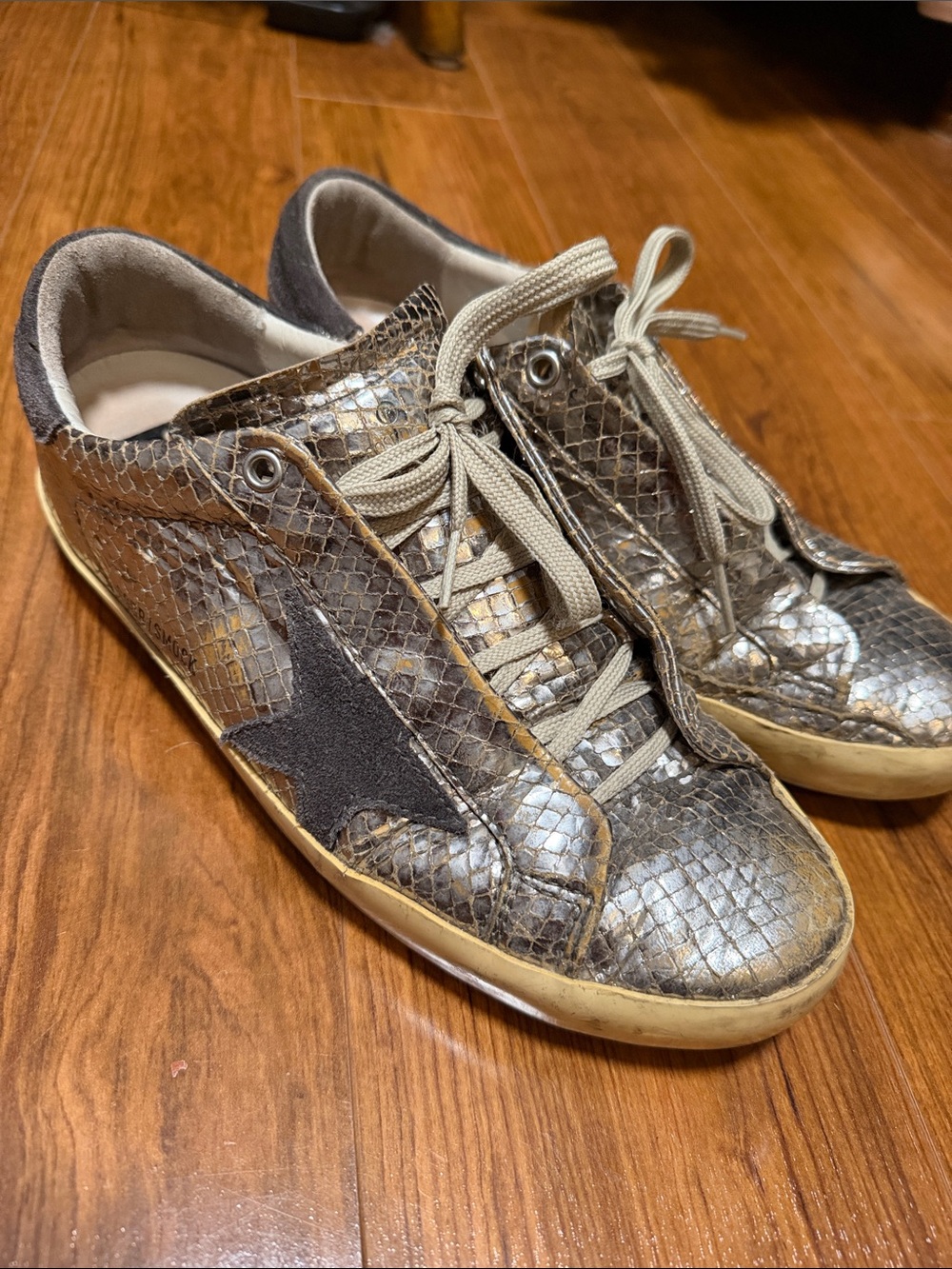 Golden Goose SUPERSTARMetallic Bronze Snakeskin Low-Top Sneakers